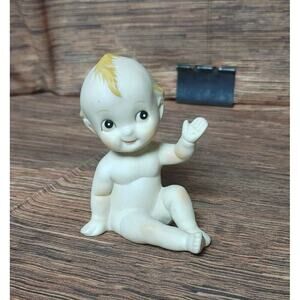 Vintage Kewpie Bisque Doll Happy Wave w/Blue Wing, Lefton Era 1950s Japan